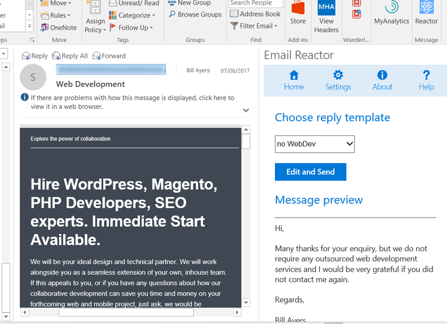 Email Reactor add-in screenshot
