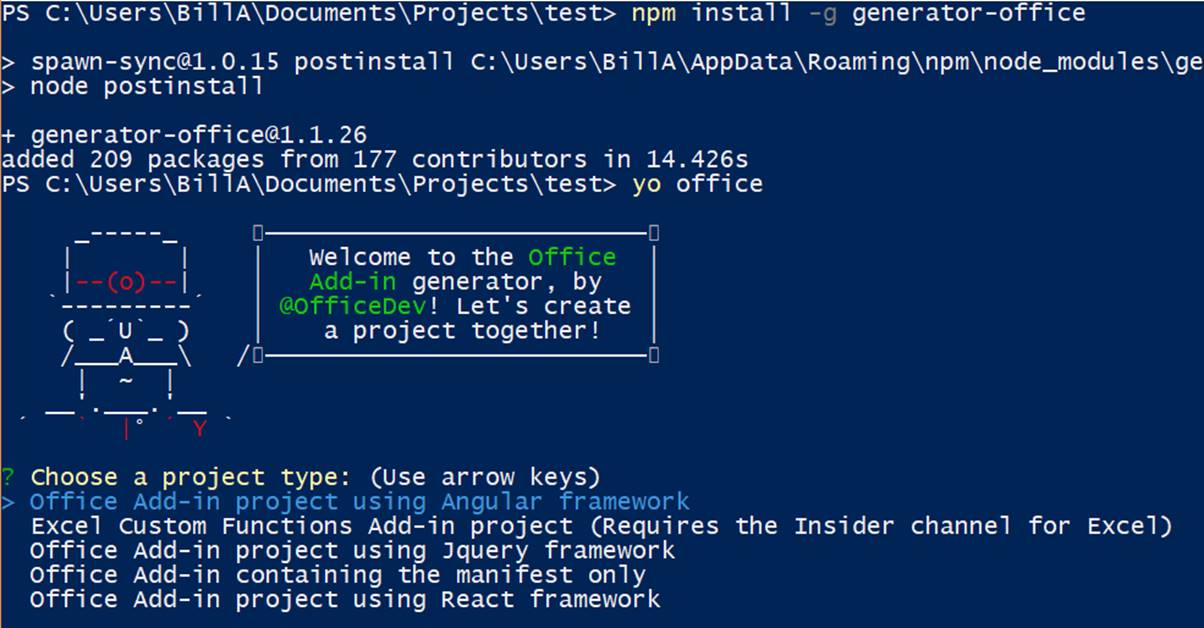 running the Yeoman generator for Office in a command window - screenshot